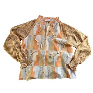 THML Sheer Tassel Tie‎ Geometric Boho Blouse Large Earth Tone NWT
